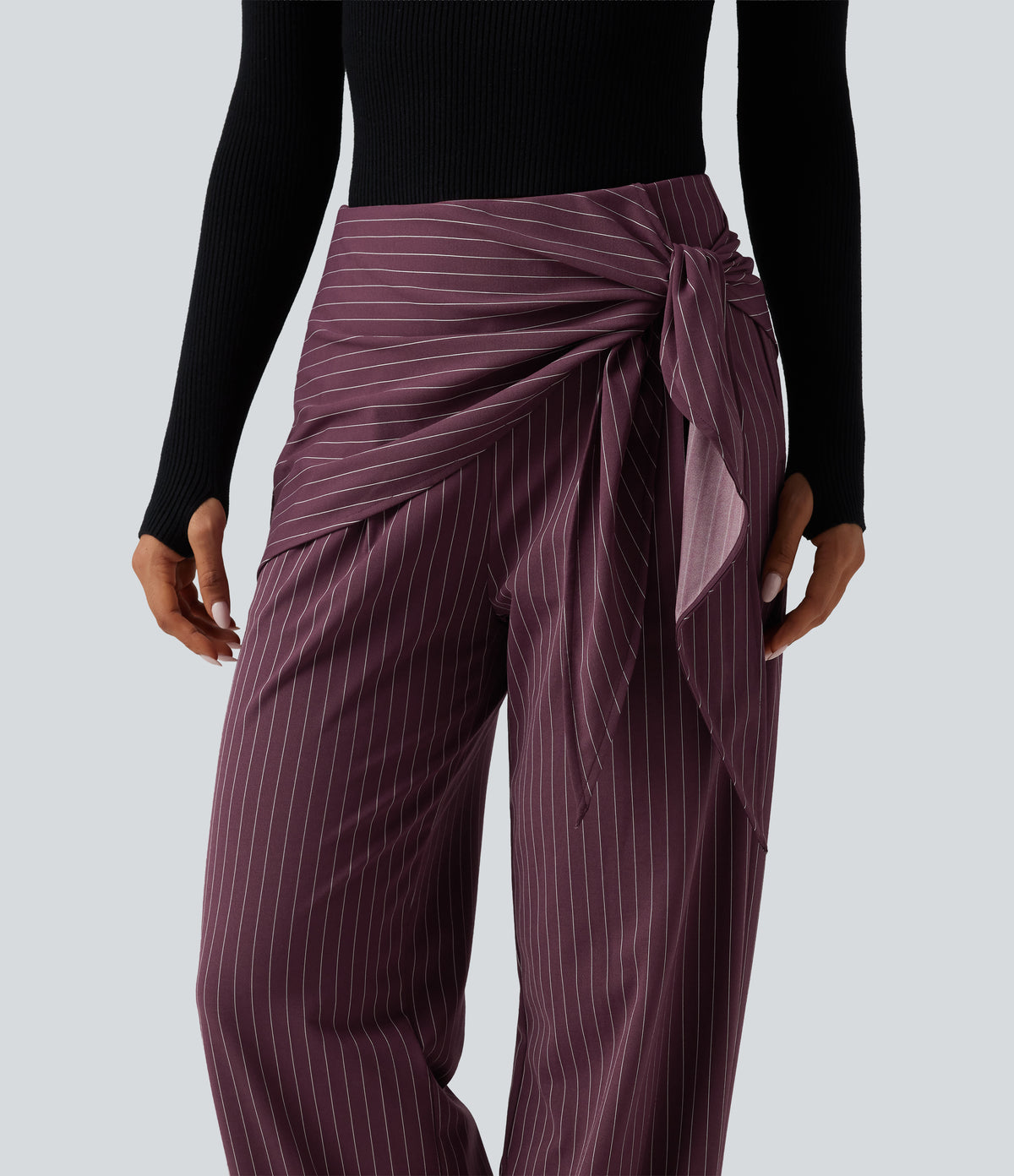 High Waisted Tie Side Wide Leg Stripe Work Trousers with Pockets — Plum Stripe — view 6