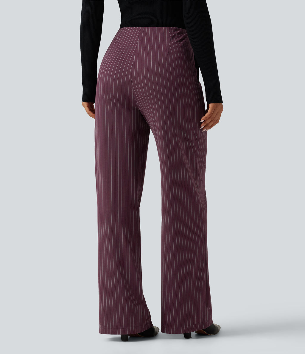 High Waisted Tie Side Wide Leg Stripe Work Trousers with Pockets — Plum Stripe — view 5