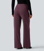 High Waisted Tie Side Wide Leg Stripe Work Trousers with Pockets — Plum Stripe — view 5