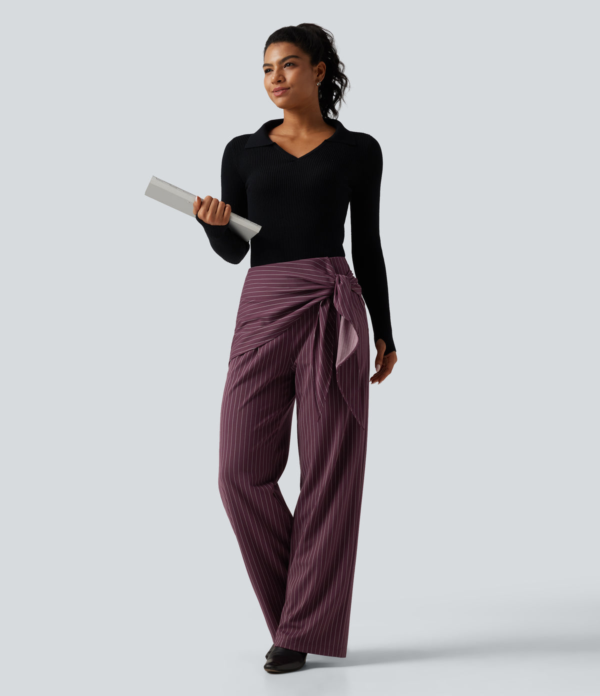 High Waisted Tie Side Wide Leg Stripe Work Trousers with Pockets — Plum Stripe — view 8