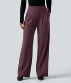 High Waisted Tie Side Wide Leg Stripe Work Trousers with Pockets — Plum Stripe — view 4