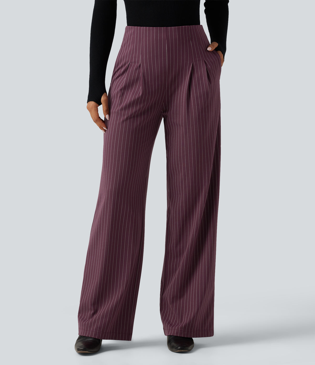 High Waisted Tie Side Wide Leg Stripe Work Trousers with Pockets — Plum Stripe — view 4