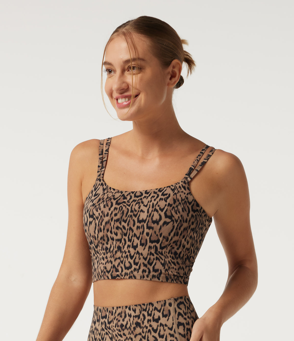 Leopard Print Light Support Square Neck Twisted Yoga Sports Bra with Built-in Bra — Tan Leopard — view 3