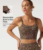Leopard Print Light Support Square Neck Twisted Yoga Sports Bra with Built-in Bra — Tan Leopard — view 1