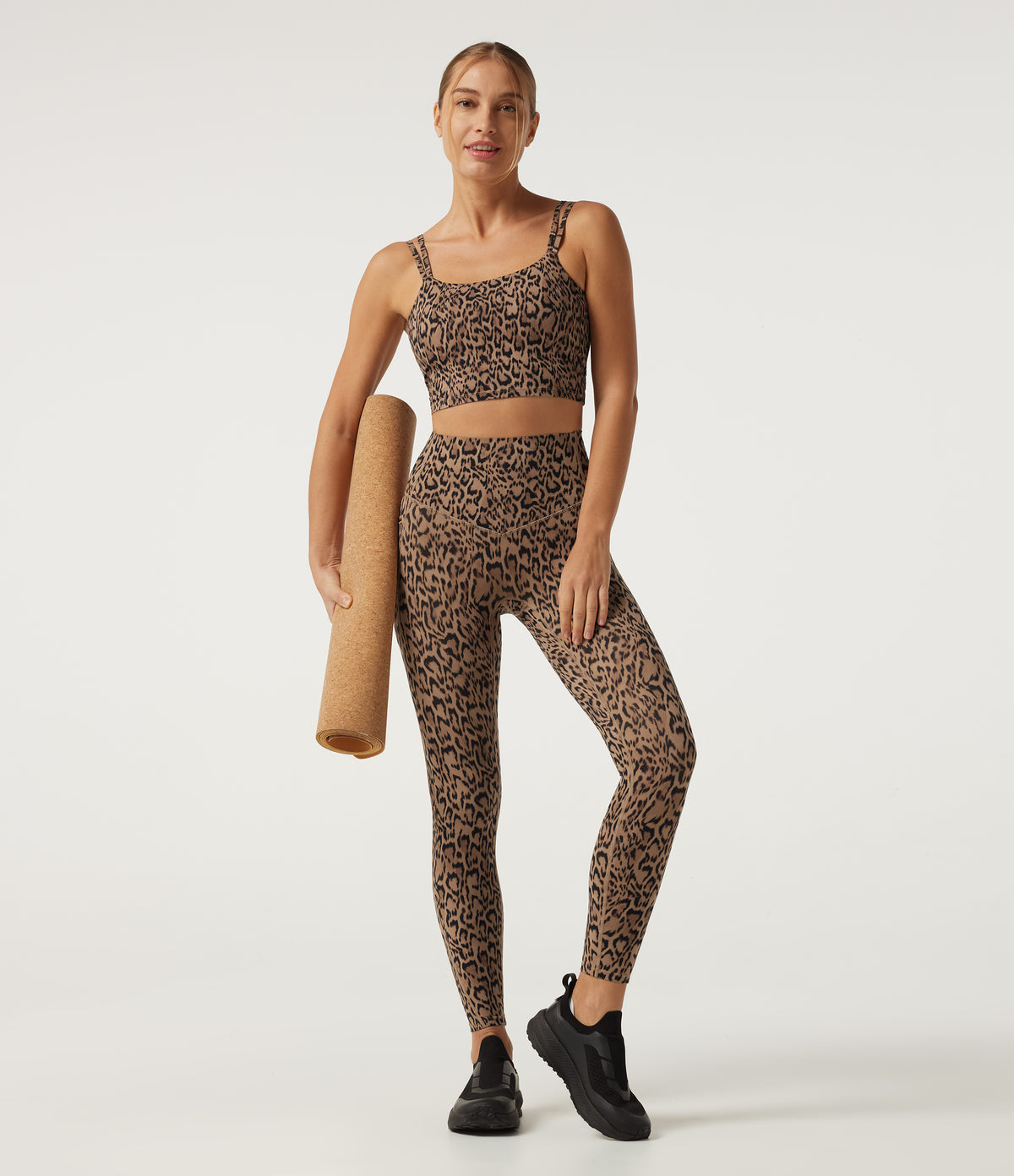 Leopard Print Light Support Square Neck Twisted Yoga Sports Bra with Built-in Bra — Tan Leopard — view 7