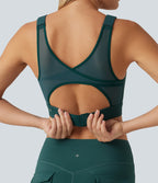 Medium Support Round Neck Contrast Mesh Running Sports Bra with Built-in Bra — June Bug — view 6