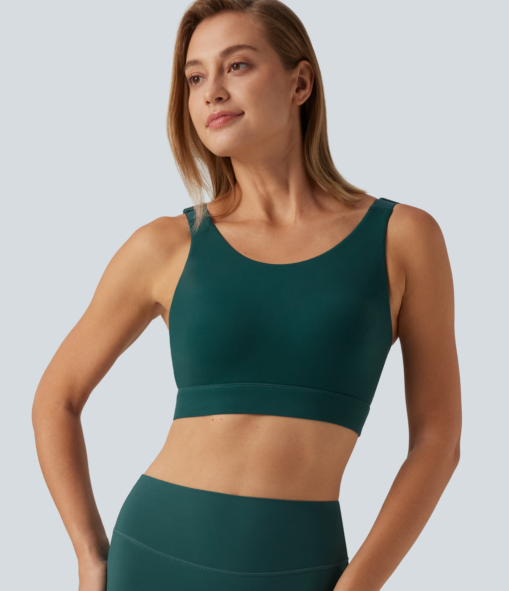 Medium Support Round Neck Contrast Mesh Running Sports Bra with Built-in Bra — June Bug — view 5