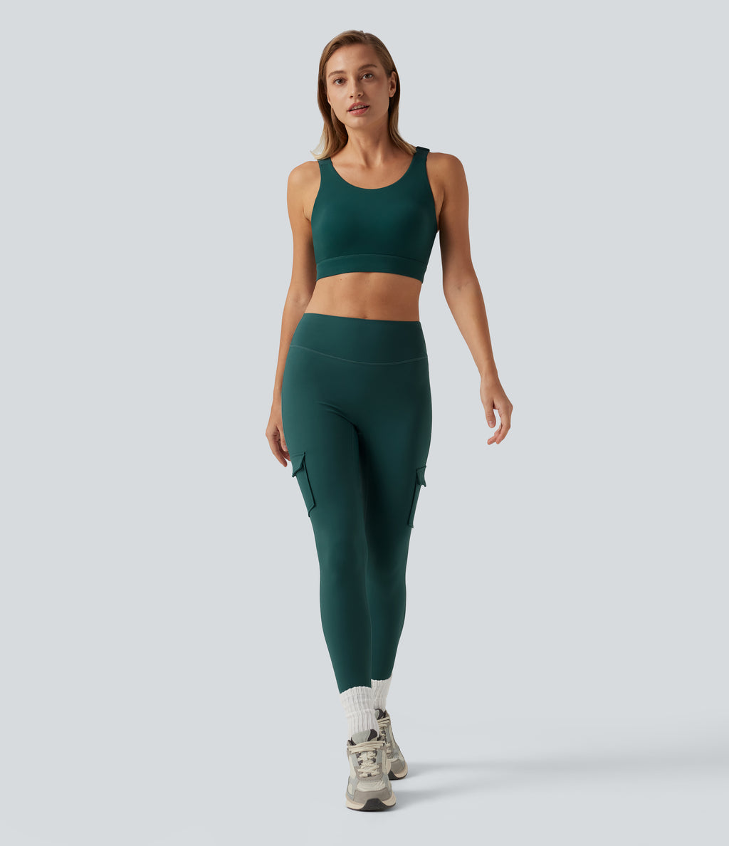 Medium Support Round Neck Contrast Mesh Running Sports Bra with Built-in Bra — June Bug — view 8