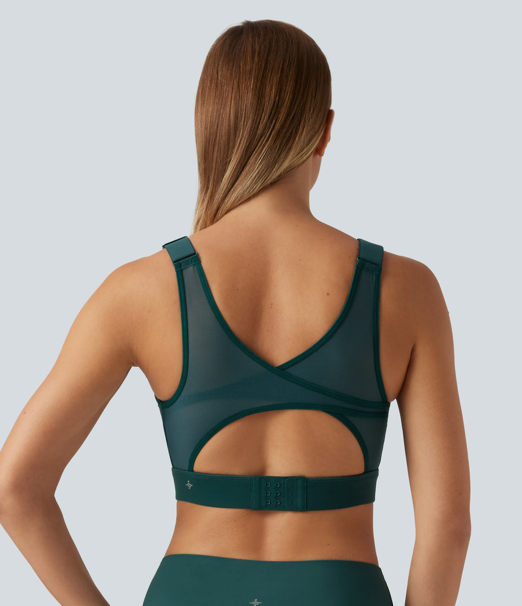 Medium Support Round Neck Contrast Mesh Running Sports Bra with Built-in Bra — June Bug — view 4