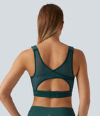 Medium Support Round Neck Contrast Mesh Running Sports Bra with Built-in Bra — June Bug — view 4