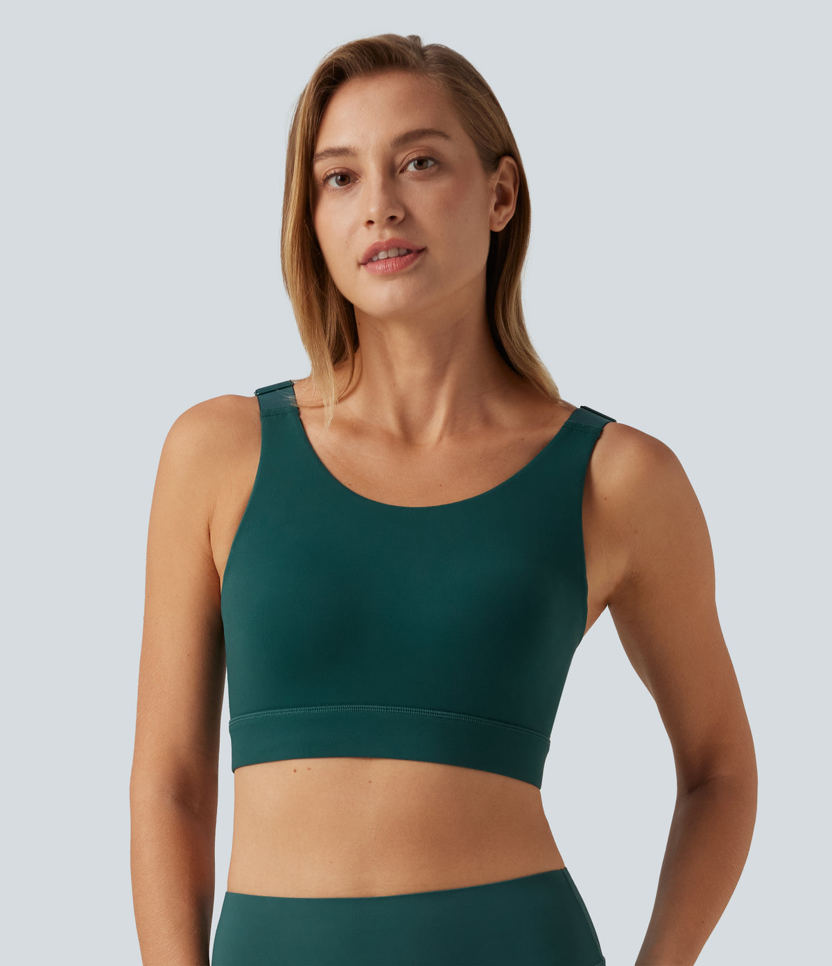 Medium Support Round Neck Contrast Mesh Running Sports Bra with Built-in Bra — June Bug — view 2