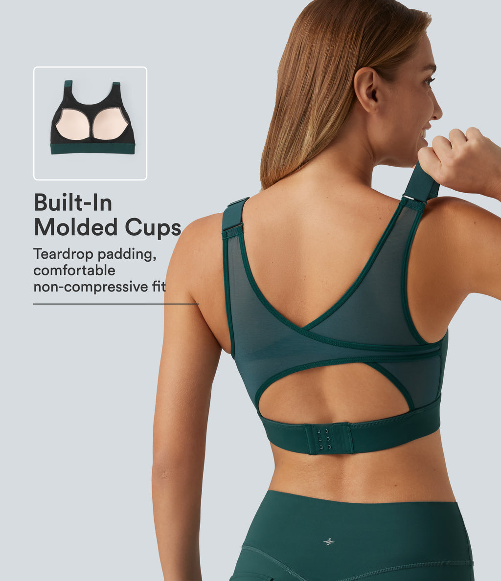 Medium Support Round Neck Contrast Mesh Running Sports Bra with Built-in Bra — June Bug — view 1
