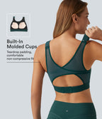 Medium Support Round Neck Contrast Mesh Running Sports Bra with Built-in Bra — June Bug — view 1