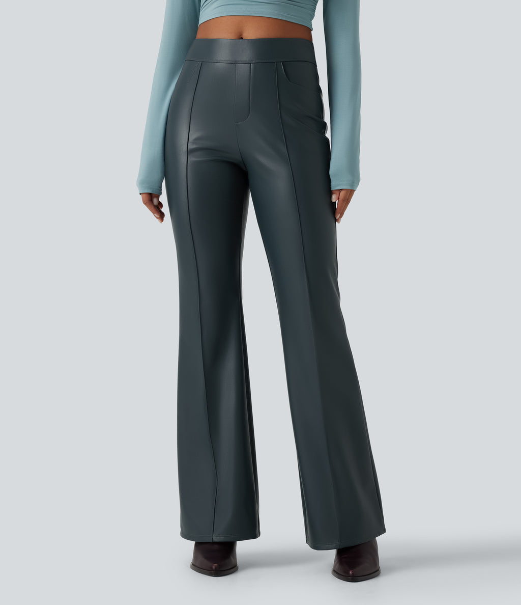 Mid Rise Stretchy PU Fleece Casual Bootcut Trousers with Pockets — Stratified Sea — view 3