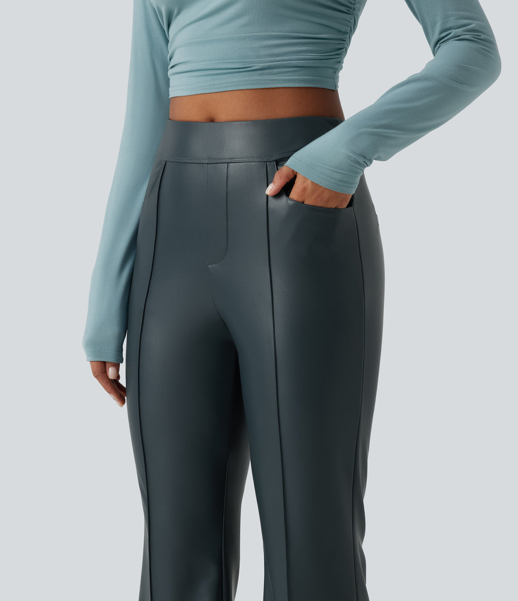 Mid Rise Stretchy PU Fleece Casual Bootcut Trousers with Pockets — Stratified Sea — view 6