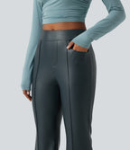 Mid Rise Stretchy PU Fleece Casual Bootcut Trousers with Pockets — Stratified Sea — view 6
