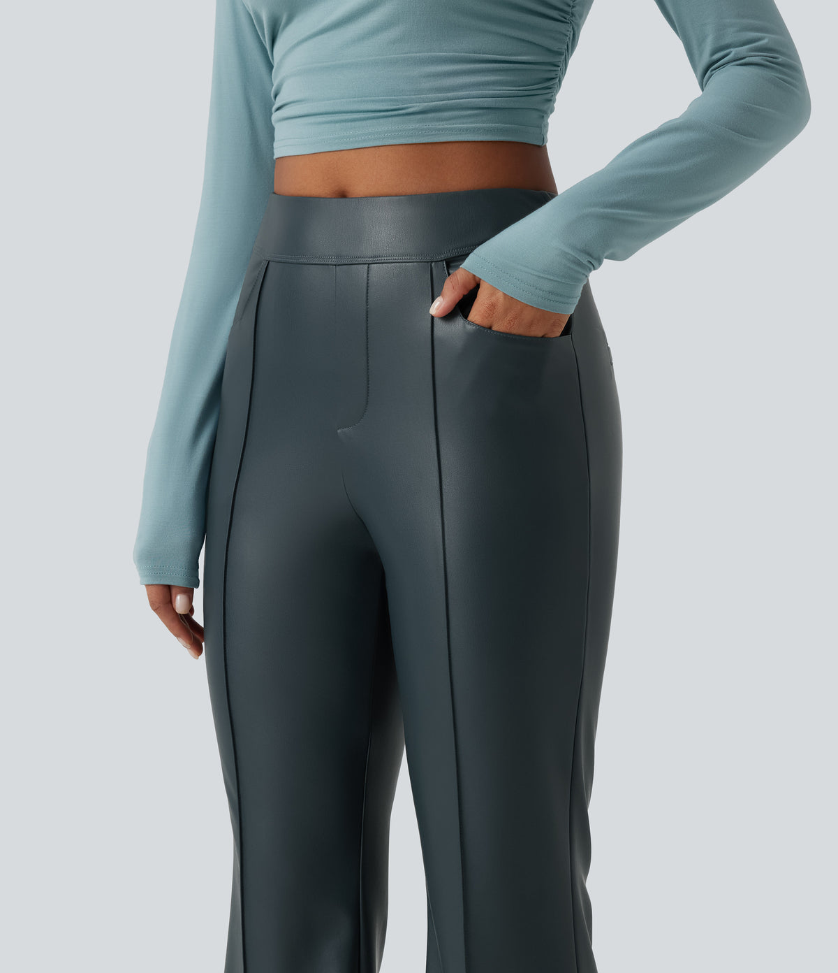 Mid Rise Stretchy PU Fleece Casual Bootcut Trousers with Pockets — Stratified Sea — view 6