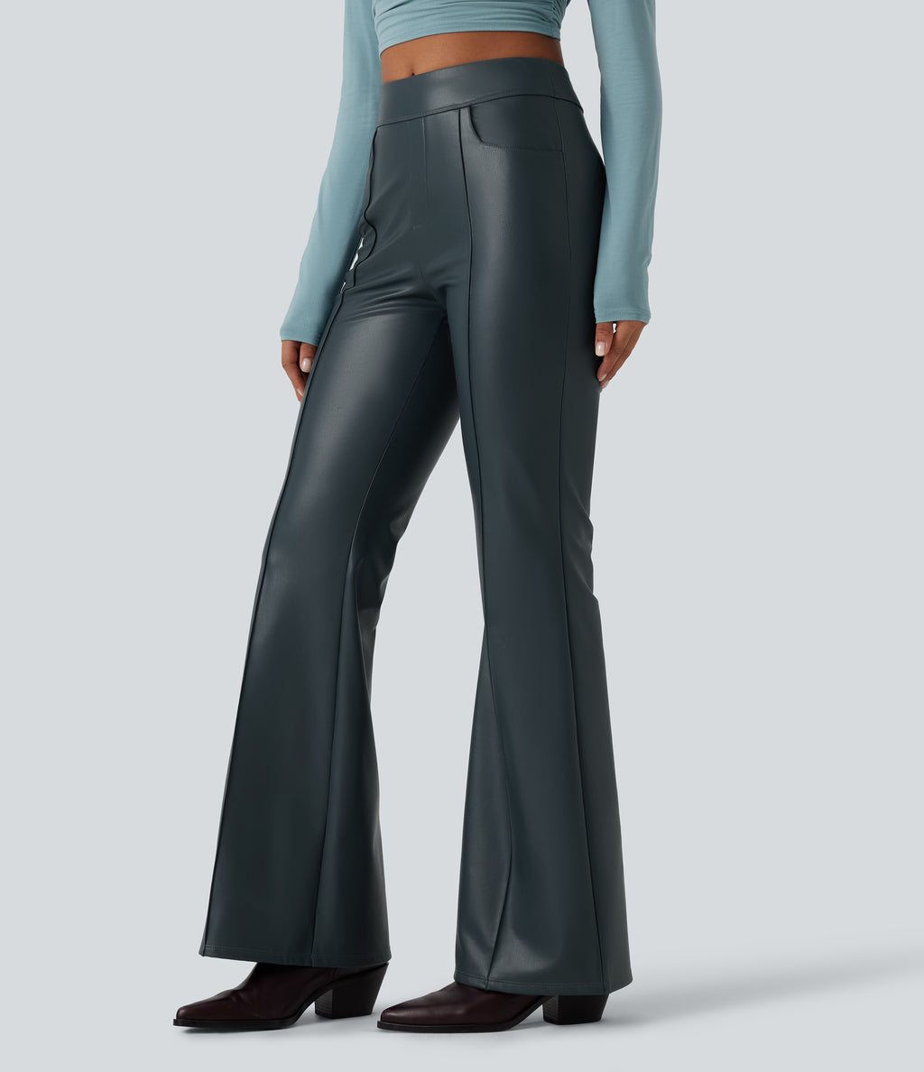 Mid Rise Stretchy PU Fleece Casual Bootcut Trousers with Pockets — Stratified Sea — view 1