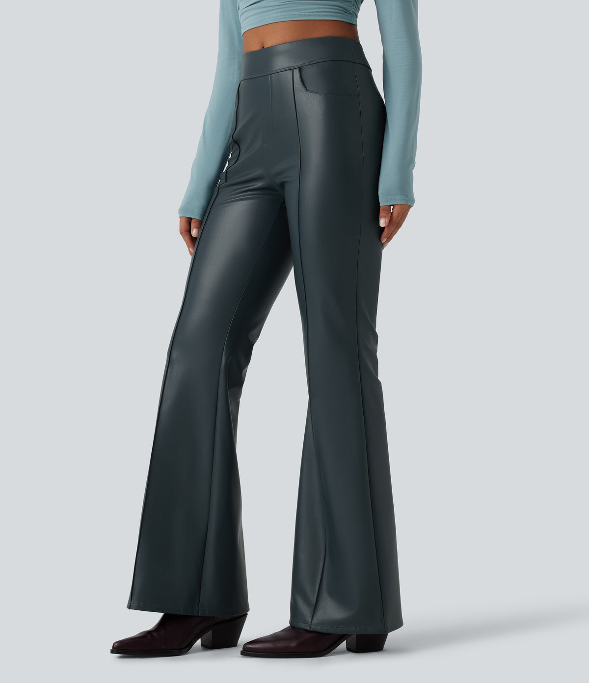 Mid Rise Stretchy PU Fleece Casual Bootcut Trousers with Pockets — Stratified Sea — view 1