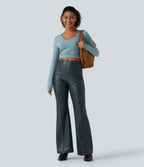 Mid Rise Stretchy PU Fleece Casual Bootcut Trousers with Pockets — Stratified Sea — view 4