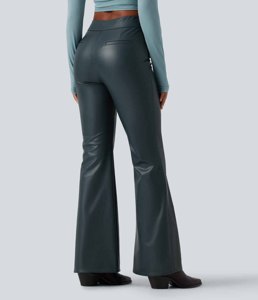 Mid Rise Stretchy PU Fleece Casual Bootcut Trousers with Pockets — Stratified Sea — view 2