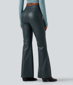 Mid Rise Stretchy PU Fleece Casual Bootcut Trousers with Pockets — Stratified Sea — view 2