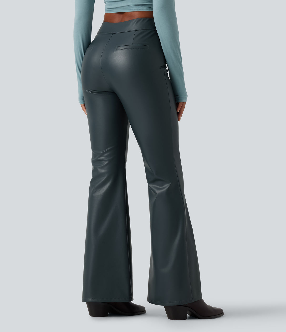 Mid Rise Stretchy PU Fleece Casual Bootcut Trousers with Pockets — Stratified Sea — view 2