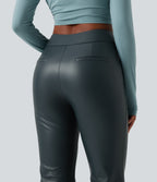 Mid Rise Stretchy PU Fleece Casual Bootcut Trousers with Pockets — Stratified Sea — view 5