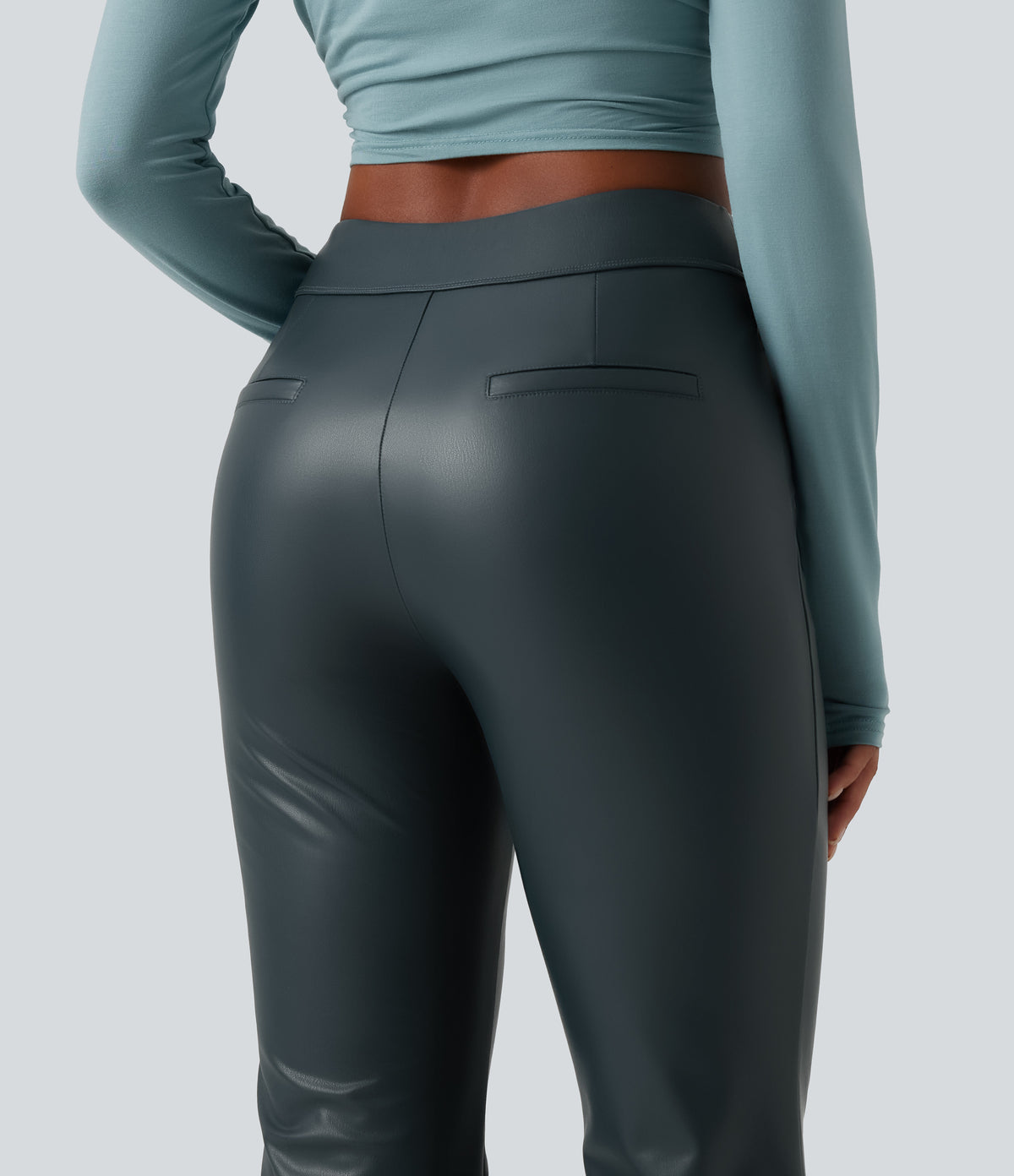 Mid Rise Stretchy PU Fleece Casual Bootcut Trousers with Pockets — Stratified Sea — view 5