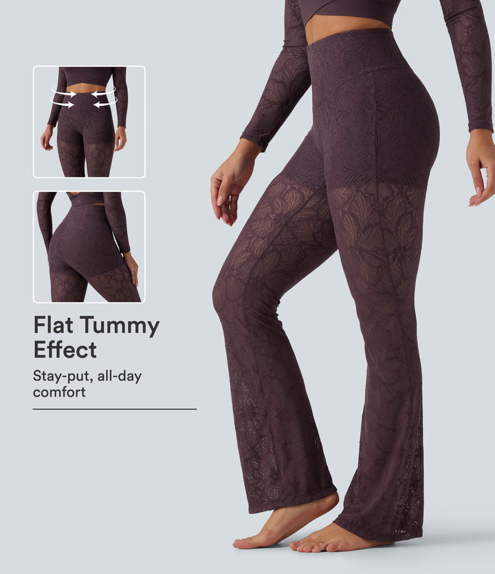 High Waisted Tummy Control Contrast Lace Yoga Flare Leggings with Pocket — Dusky Evening purple — view 1