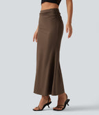 Tummy Control High Waisted 2-in-1 Ruched Casual Midi Mermaid Skirt — Chestnut — view 3