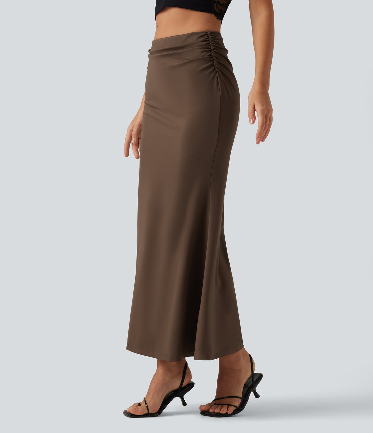 Tummy Control High Waisted 2-in-1 Ruched Casual Midi Mermaid Skirt — Chestnut — view 3