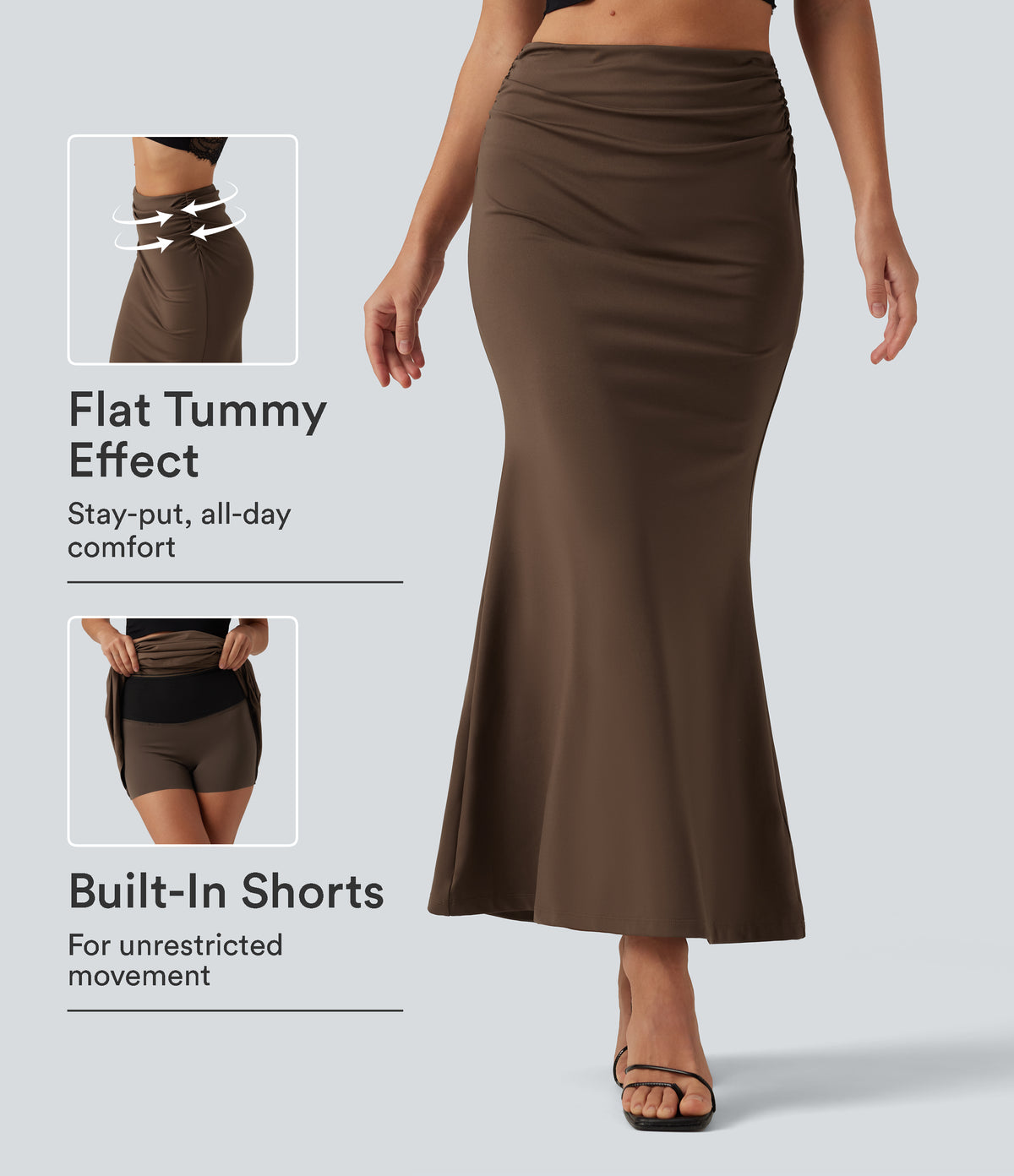 Tummy Control High Waisted 2-in-1 Ruched Casual Midi Mermaid Skirt — Chestnut — view 1