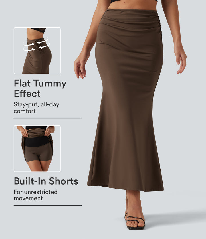 Tummy Control High Waisted 2-in-1 Ruched Casual Midi Mermaid Skirt — Chestnut — view 1