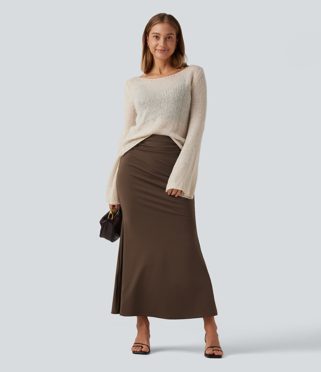 Tummy Control High Waisted 2-in-1 Ruched Casual Midi Mermaid Skirt — Chestnut — view 6