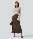 Tummy Control High Waisted 2-in-1 Ruched Casual Midi Mermaid Skirt — Chestnut — view 6