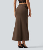 Tummy Control High Waisted 2-in-1 Ruched Casual Midi Mermaid Skirt — Chestnut — view 2