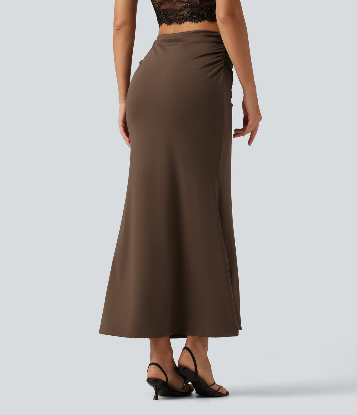 Tummy Control High Waisted 2-in-1 Ruched Casual Midi Mermaid Skirt — Chestnut — view 2