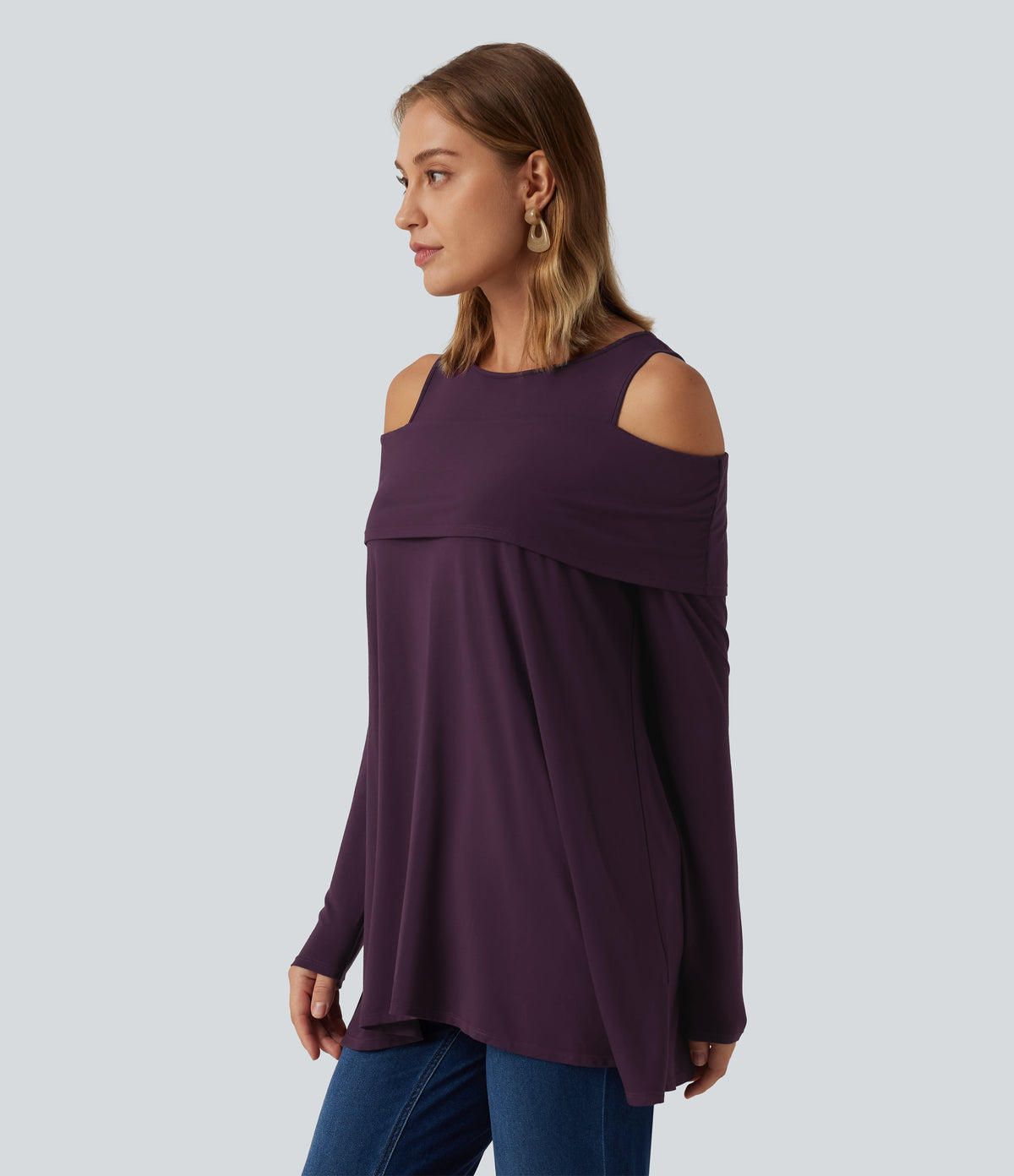 Round Neck Cold Shoulder Relaxed Long Sleeve Casual Top — Potent Purple — view 3