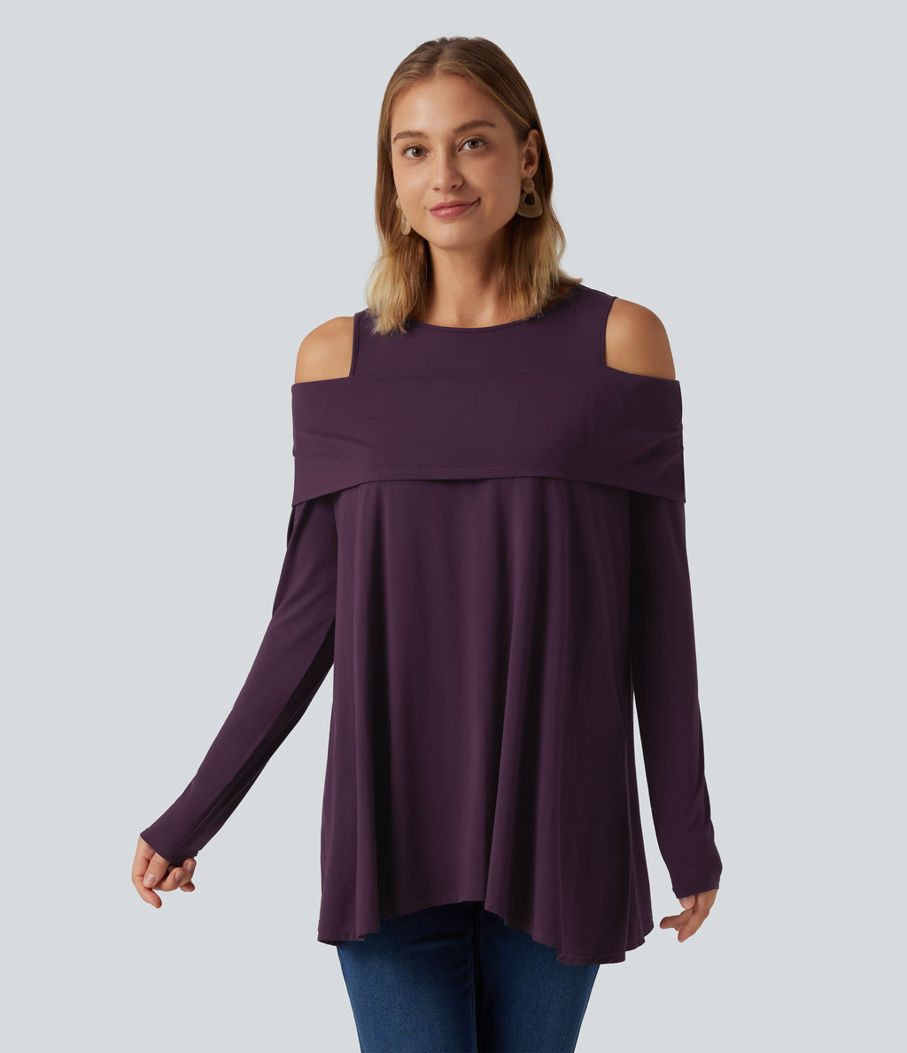 Round Neck Cold Shoulder Relaxed Long Sleeve Casual Top — Potent Purple — view 4