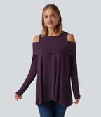 Round Neck Cold Shoulder Relaxed Long Sleeve Casual Top — Potent Purple — view 4
