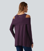 Round Neck Cold Shoulder Relaxed Long Sleeve Casual Top — Potent Purple — view 2