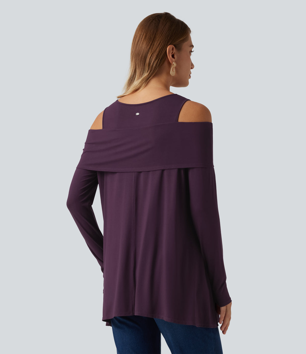 Round Neck Cold Shoulder Relaxed Long Sleeve Casual Top — Potent Purple — view 2