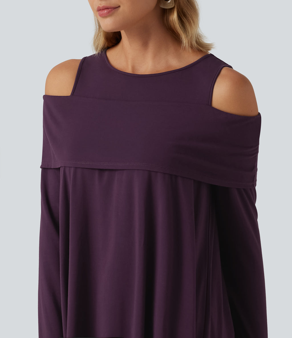 Round Neck Cold Shoulder Relaxed Long Sleeve Casual Top — Potent Purple — view 6