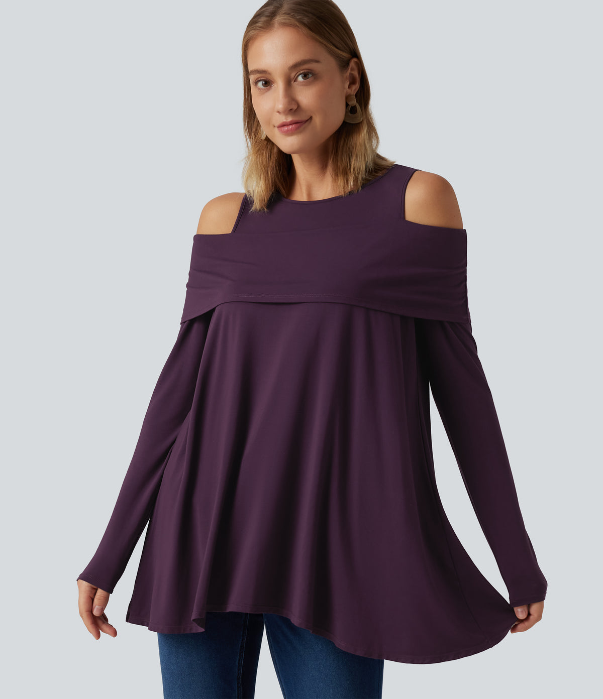 Round Neck Cold Shoulder Relaxed Long Sleeve Casual Top — Potent Purple — view 1