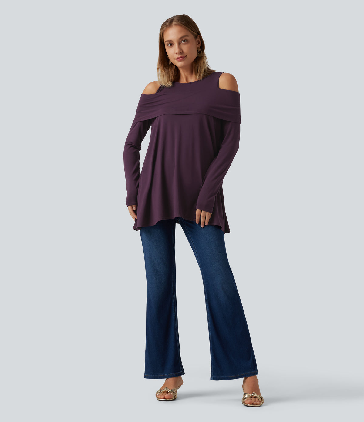 Round Neck Cold Shoulder Relaxed Long Sleeve Casual Top — Potent Purple — view 5