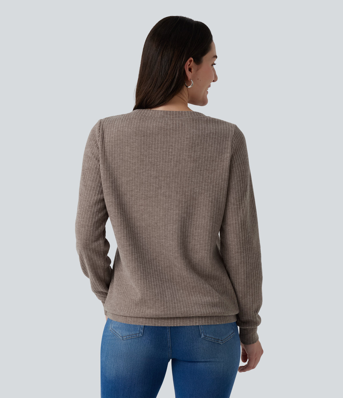 V Neck Long Sleeve Casual Top with Chest Pocket — Mocha Meringue — view 2