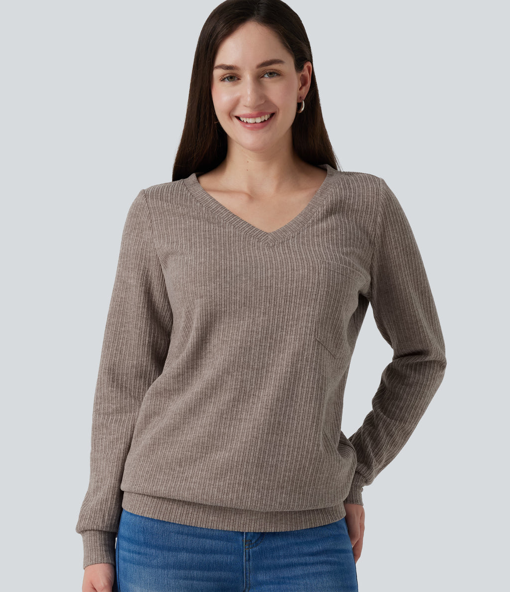 V Neck Long Sleeve Casual Top with Chest Pocket — Mocha Meringue — view 1