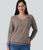 V Neck Long Sleeve Casual Top with Chest Pocket — Mocha Meringue — view 1