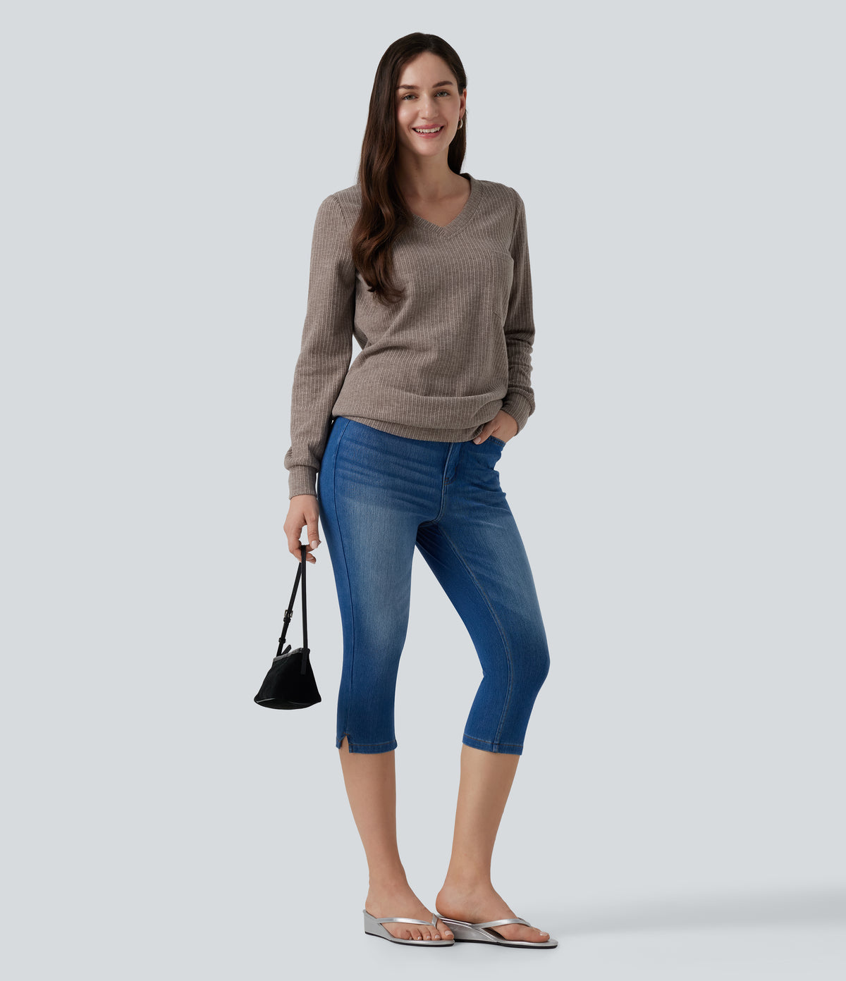 V Neck Long Sleeve Casual Top with Chest Pocket — Mocha Meringue — view 6